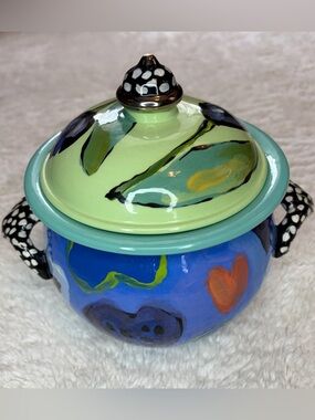 Droll True Blue valentine hand painted tulip heart cool tone lid bowl w handles